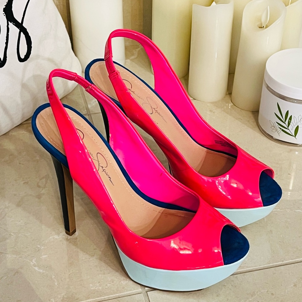 Jessica Simpson bright tri-color heels. Excellent used condition. Fun style.